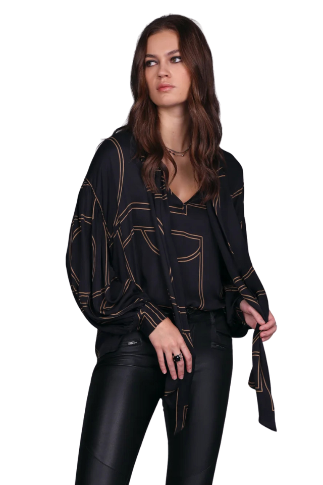 Studio Print Neck Tie Top - Black/Taupe
