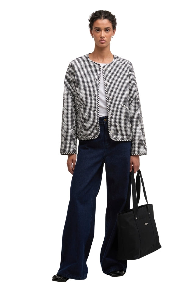 Cashel Check Collarless Quilted Jacket - Navy Gingham/Dark Navy