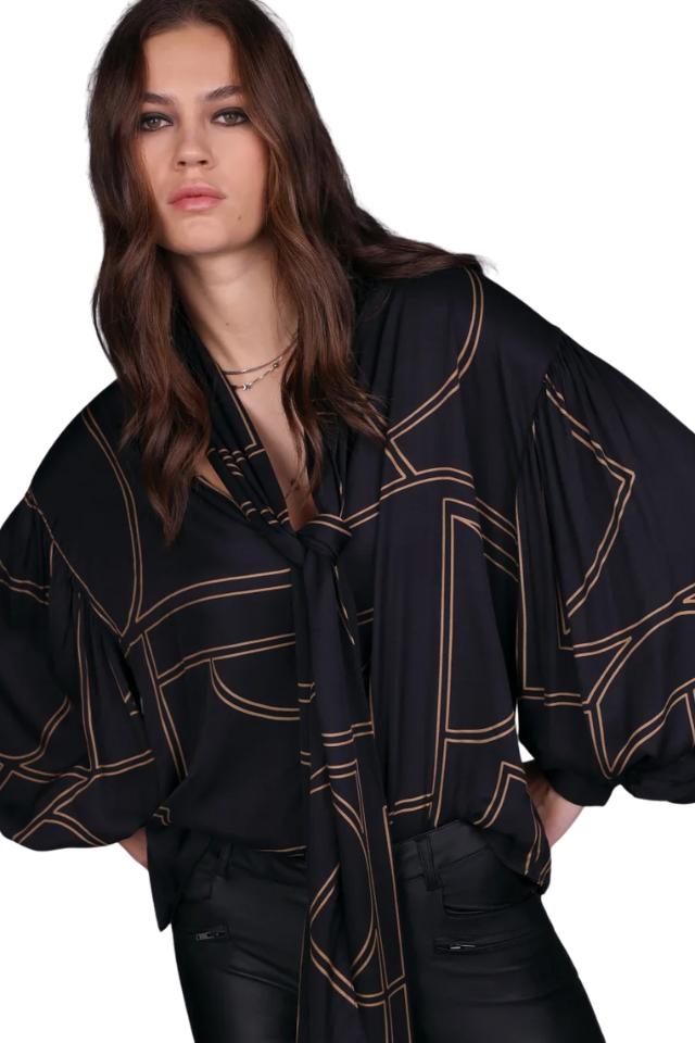 Studio Print Neck Tie Top - Black/Taupe