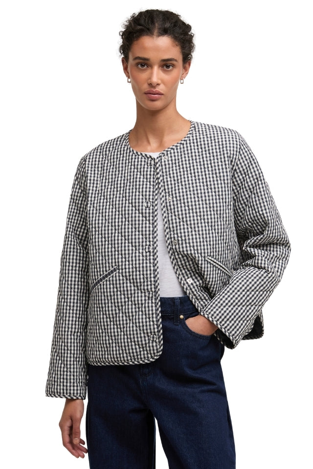 Cashel Check Collarless Quilted Jacket - Navy Gingham/Dark Navy