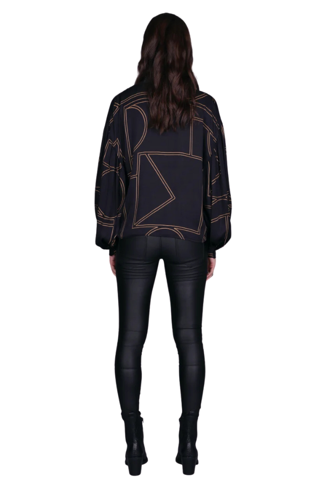 Studio Print Neck Tie Top - Black/Taupe