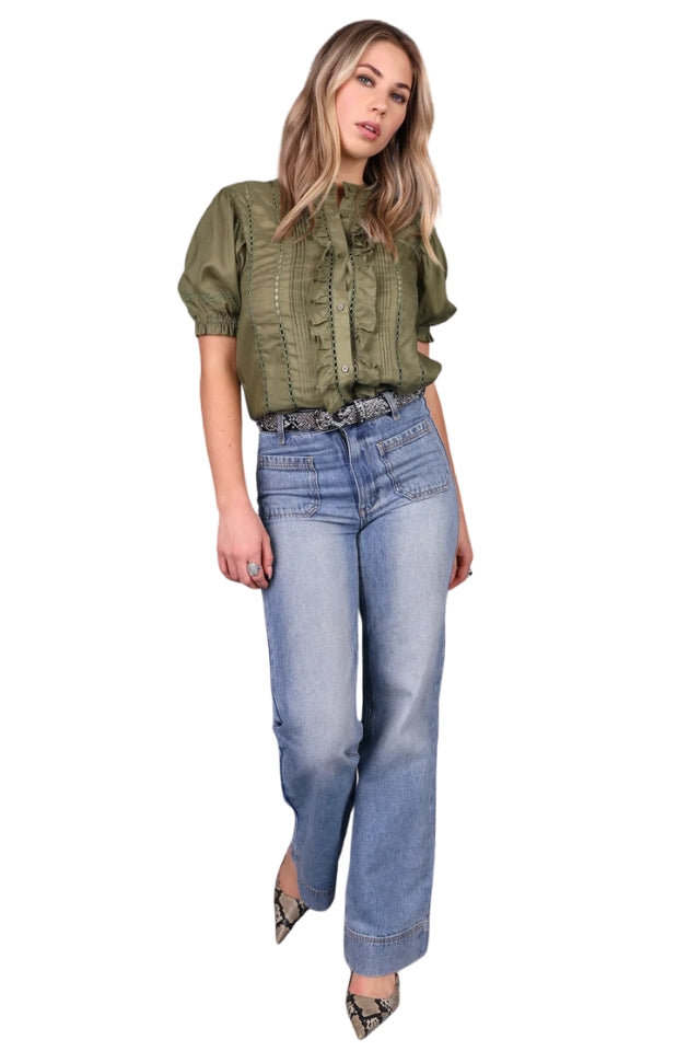 Short Sleeve Lace Detail Shirt - Khaki