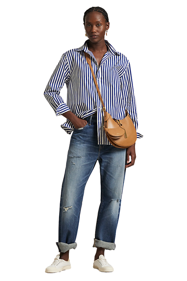 Oversize Fit Striped Cotton Shirt - Fall Royal/White