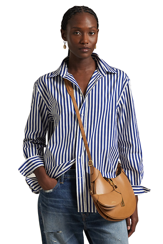 Oversize Fit Striped Cotton Shirt - Fall Royal/White