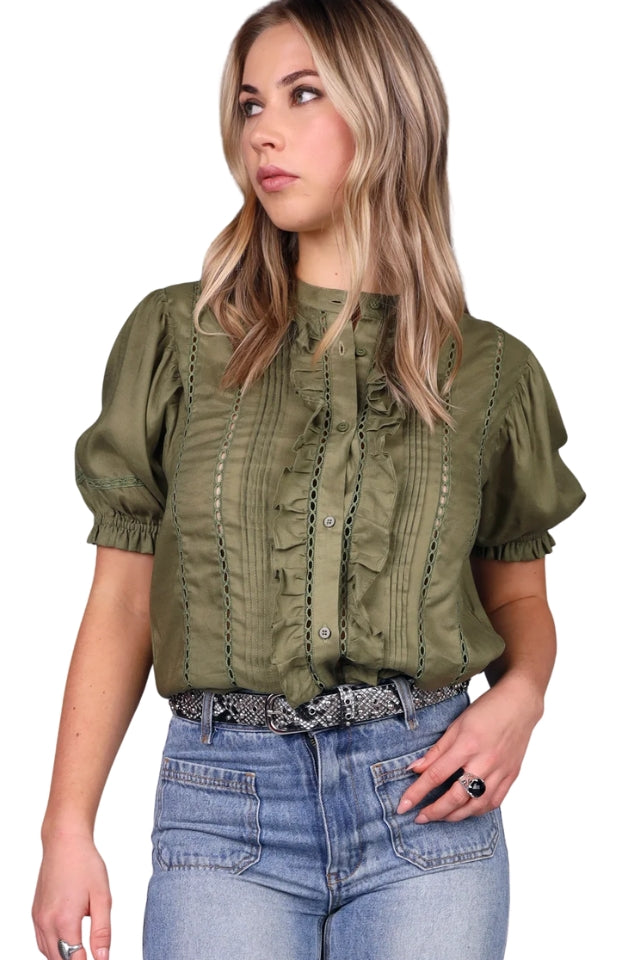 Short Sleeve Lace Detail Shirt - Khaki