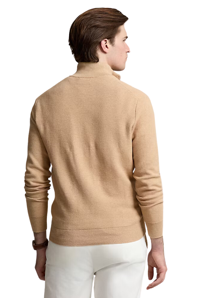 Mesh-Knit Cotton Quarter-Zip Sweater - Camel Melange