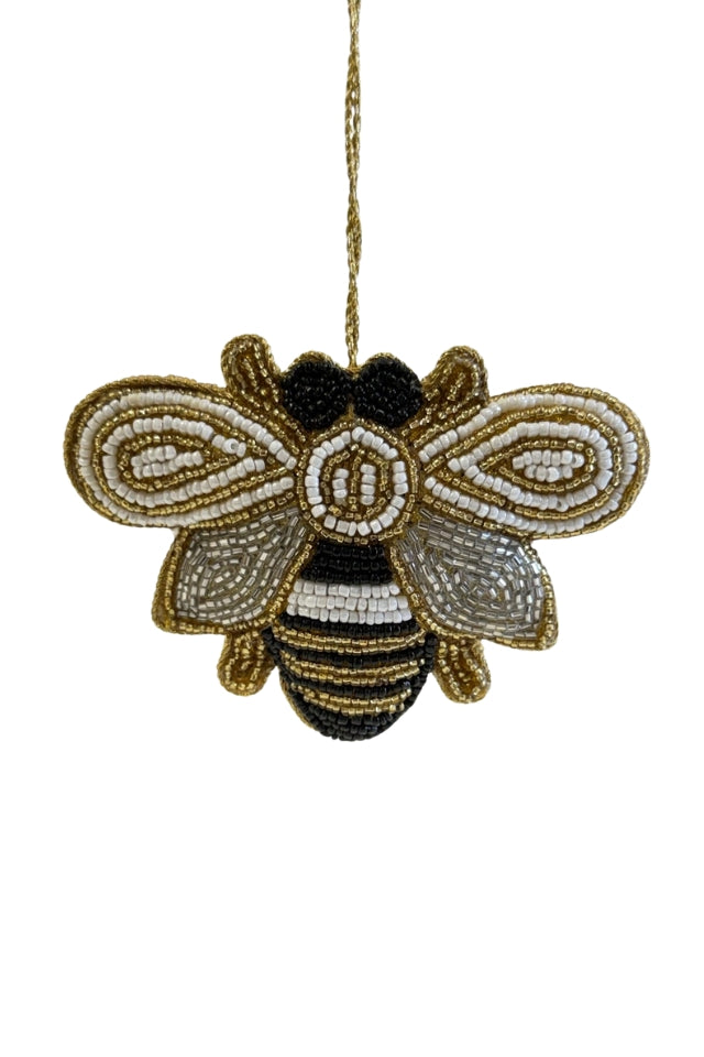 Beaded Hanging Bee - White/Gold/Black
