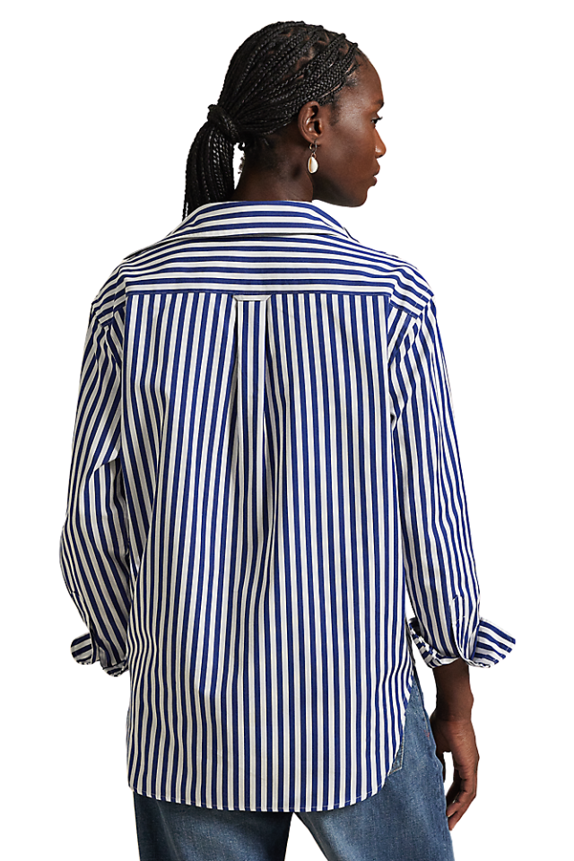 Oversize Fit Striped Cotton Shirt - Fall Royal/White