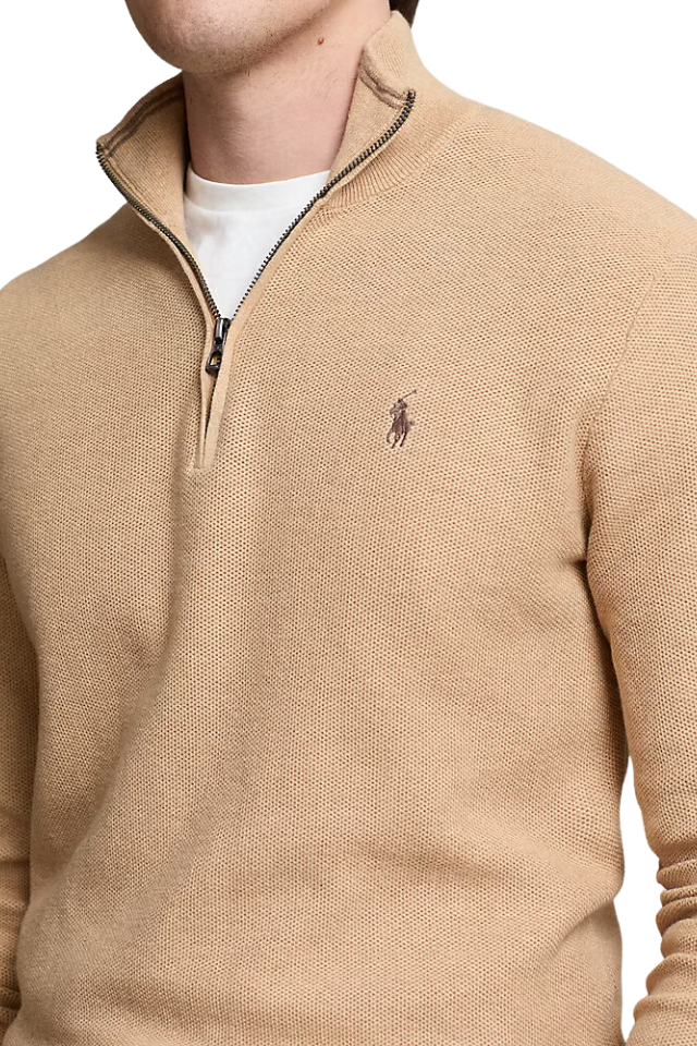 Mesh-Knit Cotton Quarter-Zip Sweater - Camel Melange