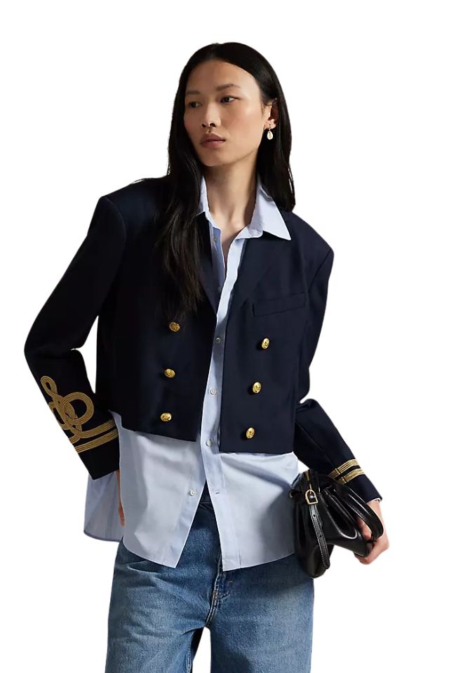 Double-Breasted Cropped Wool Jacket - Navy