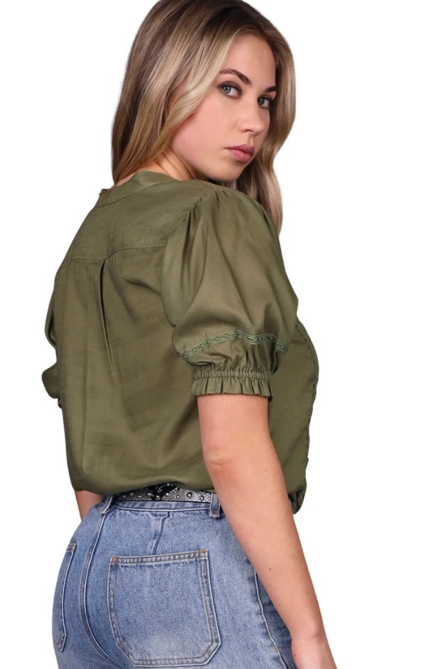Short Sleeve Lace Detail Shirt - Khaki
