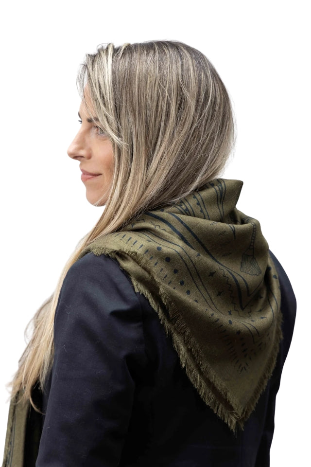 The Yorke Wool Silk Scarf - Olive Green/Black