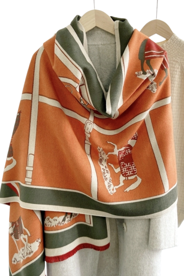Horse Pashmina - Olive/Orange