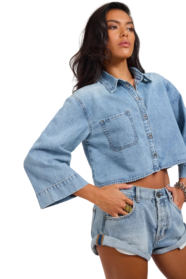 Gracie Cropped Denim Shirt - Misty Blue