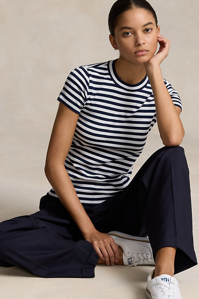 Striped Ribbed Cotton Crewneck Tee - Navy/White