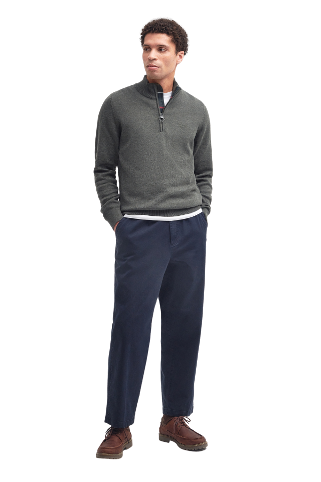 Cotton Half Zip Knitted Jumper - Olive Marl