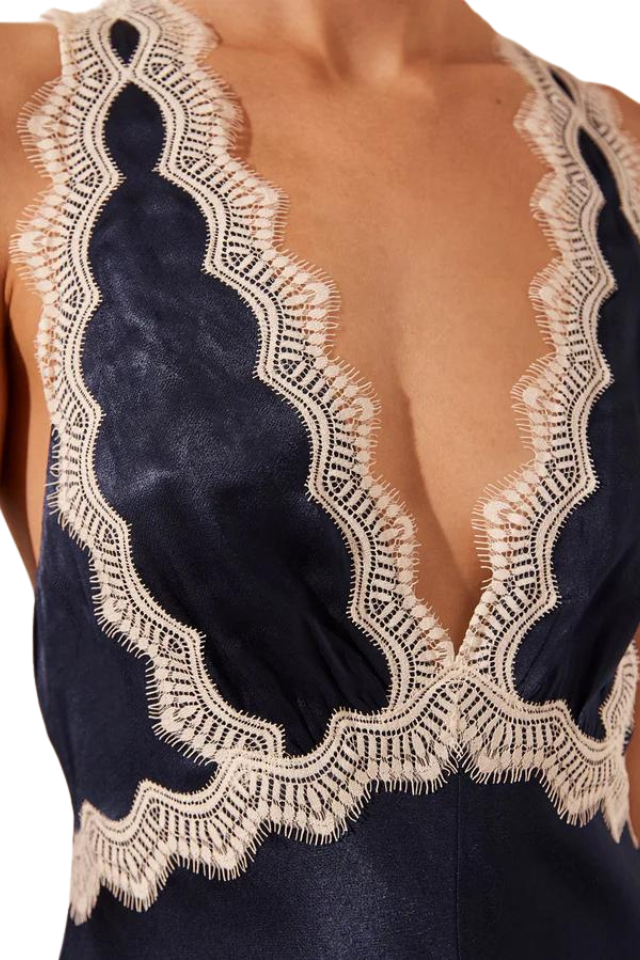 Camille Lace Cross Back Split Maxi Dress - Deep Midnight Ivory