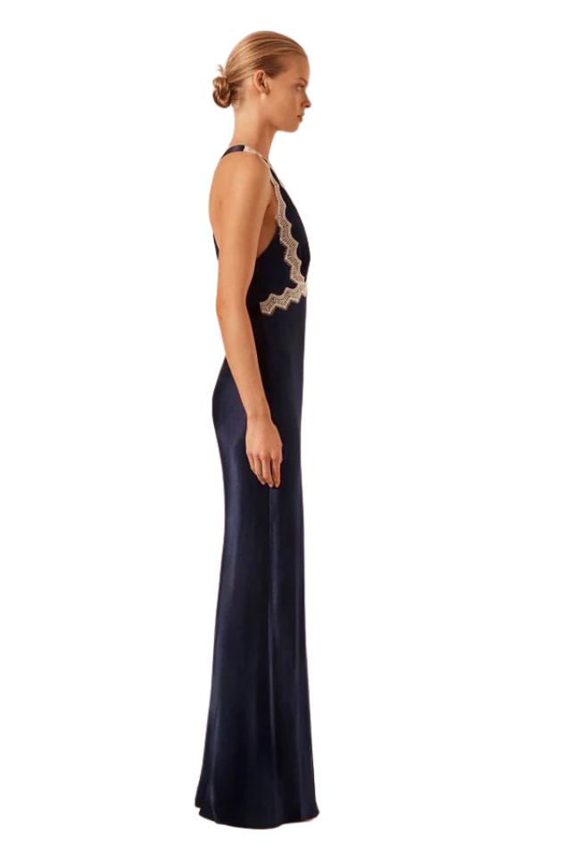 Camille Lace Cross Back Split Maxi Dress - Deep Midnight Ivory