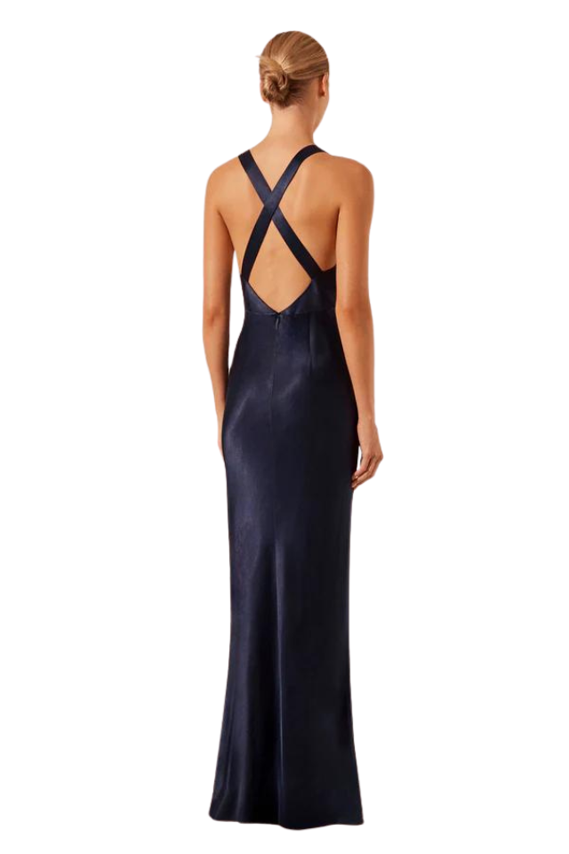 Camille Lace Cross Back Split Maxi Dress - Deep Midnight Ivory