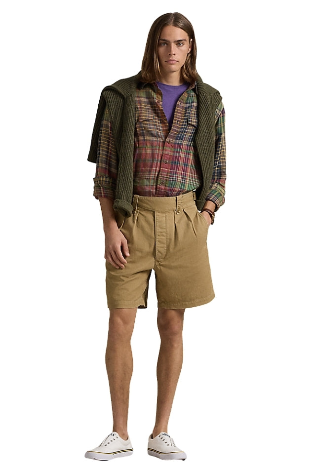Classic Fit Plaid Linen Workshirt - Olive Brick Multi