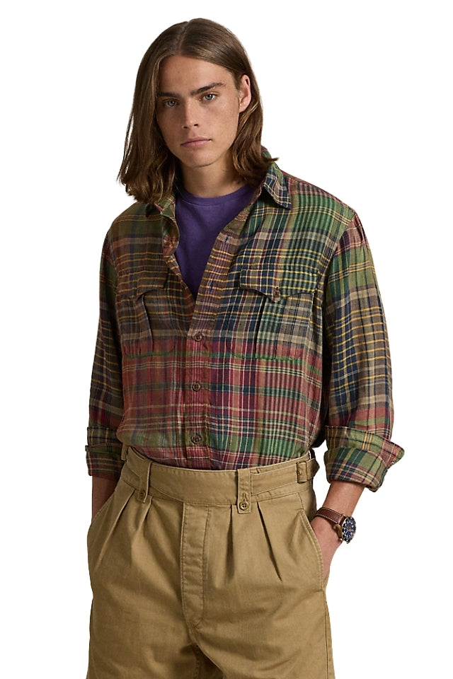 Classic Fit Plaid Linen Workshirt - Olive Brick Multi