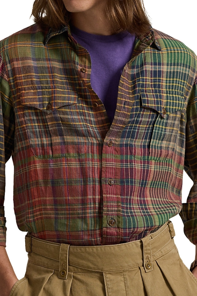 Classic Fit Plaid Linen Workshirt - Olive Brick Multi