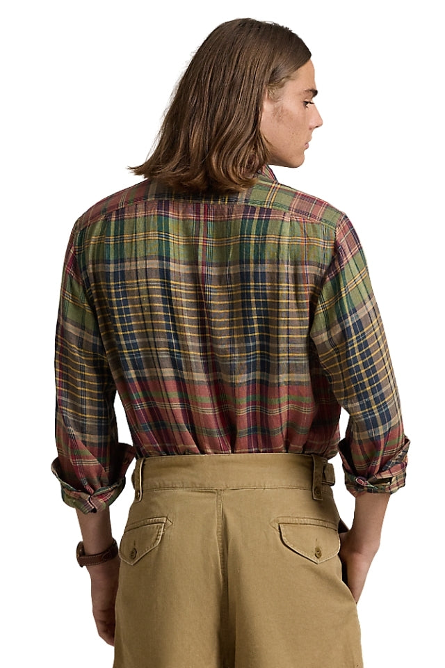 Classic Fit Plaid Linen Workshirt - Olive Brick Multi