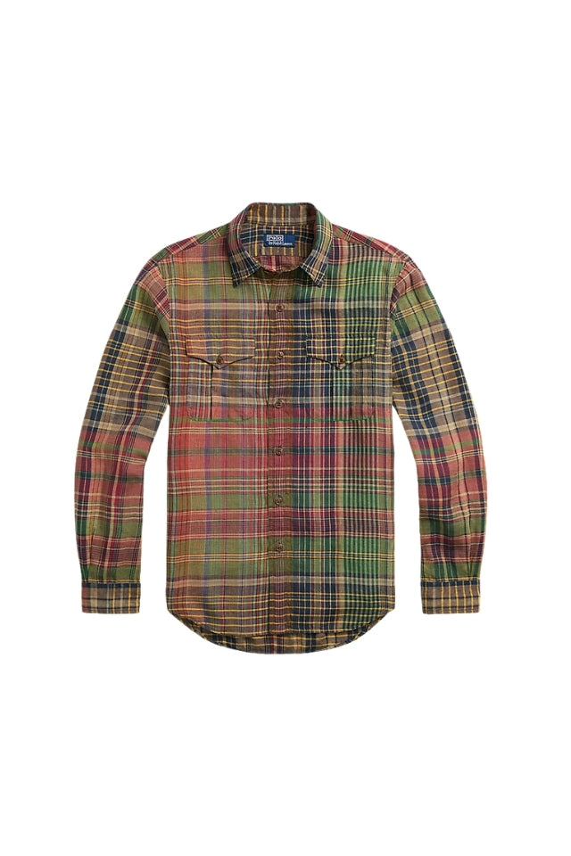 Classic Fit Plaid Linen Workshirt - Olive Brick Multi