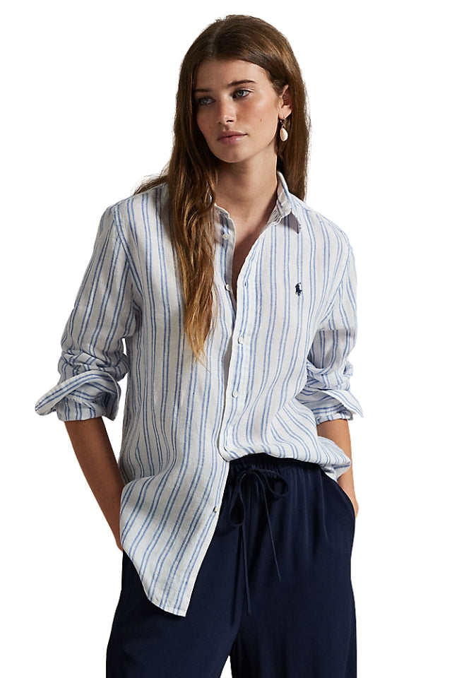 Classic Fit Striped Linen Shirt - White/Pond Blue