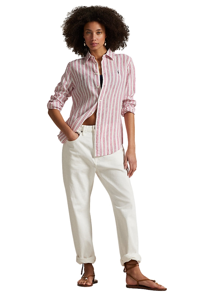 Classic Fit Striped Linen Shirt - White/Red