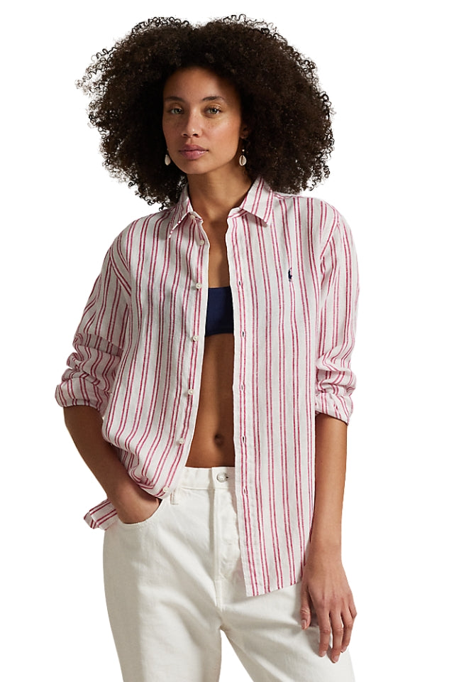 Classic Fit Striped Linen Shirt - White/Red