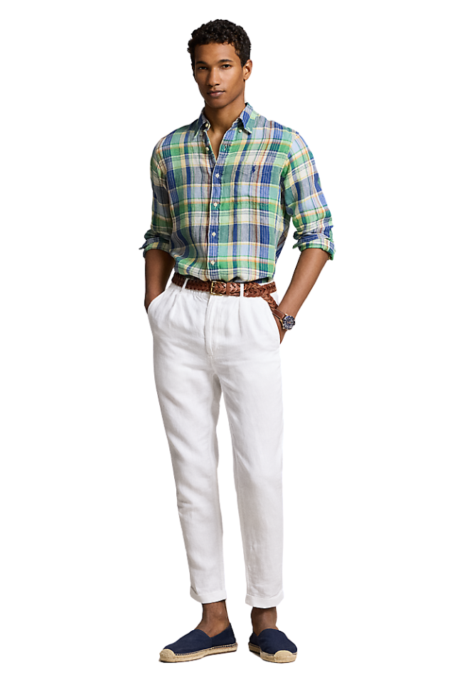 Custom Fit Plaid Linen Shirt - Green/Blue