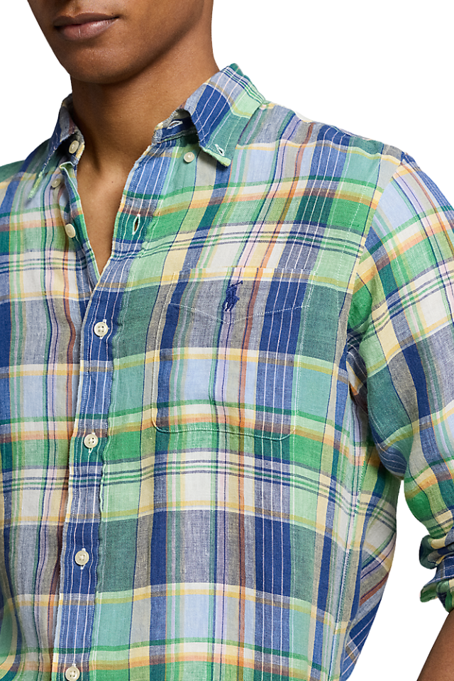 Custom Fit Plaid Linen Shirt - Green/Blue