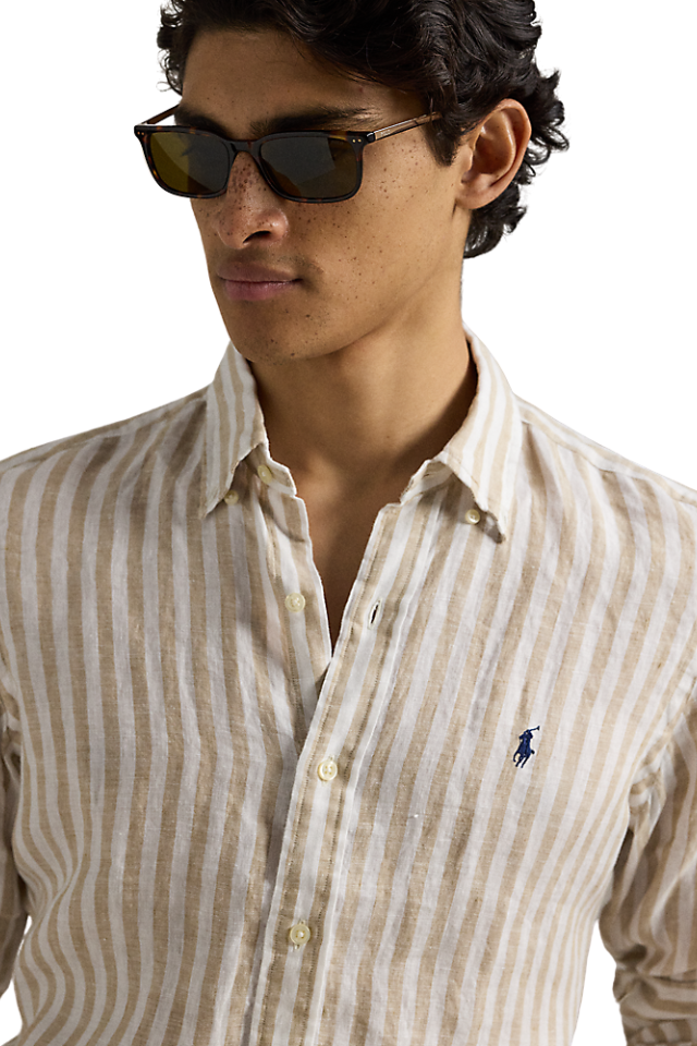 Custom Fit Striped Linen Shirt - Coastal Beige/White