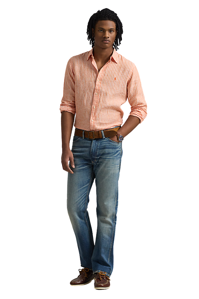 Custom Fit Striped Linen Shirt - Kona Orange White