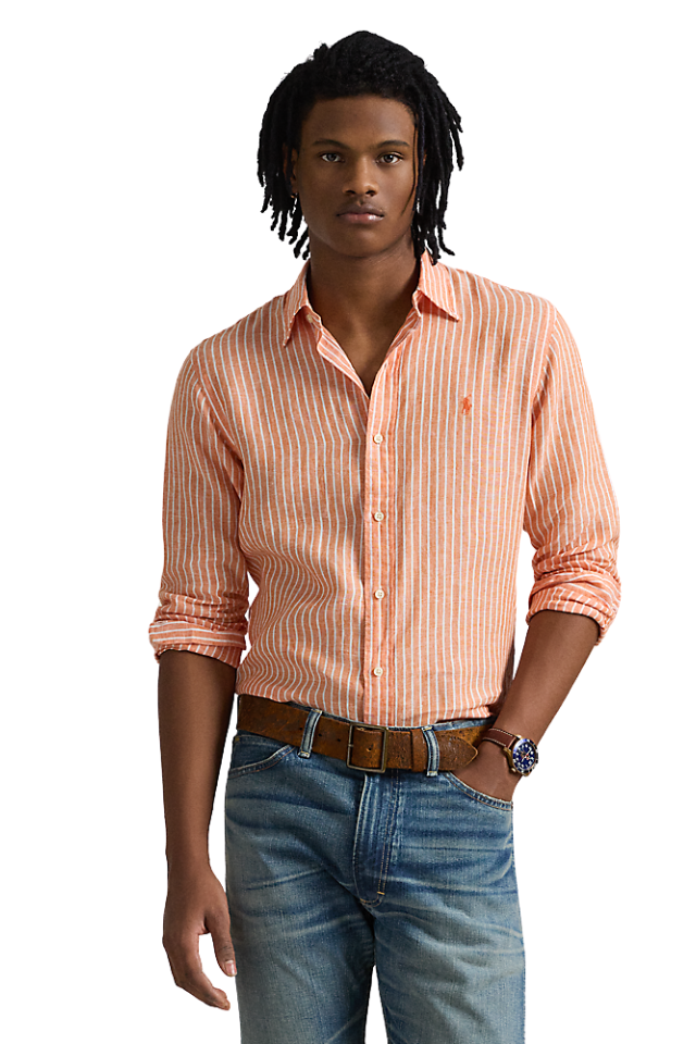 Custom Fit Striped Linen Shirt - Kona Orange White