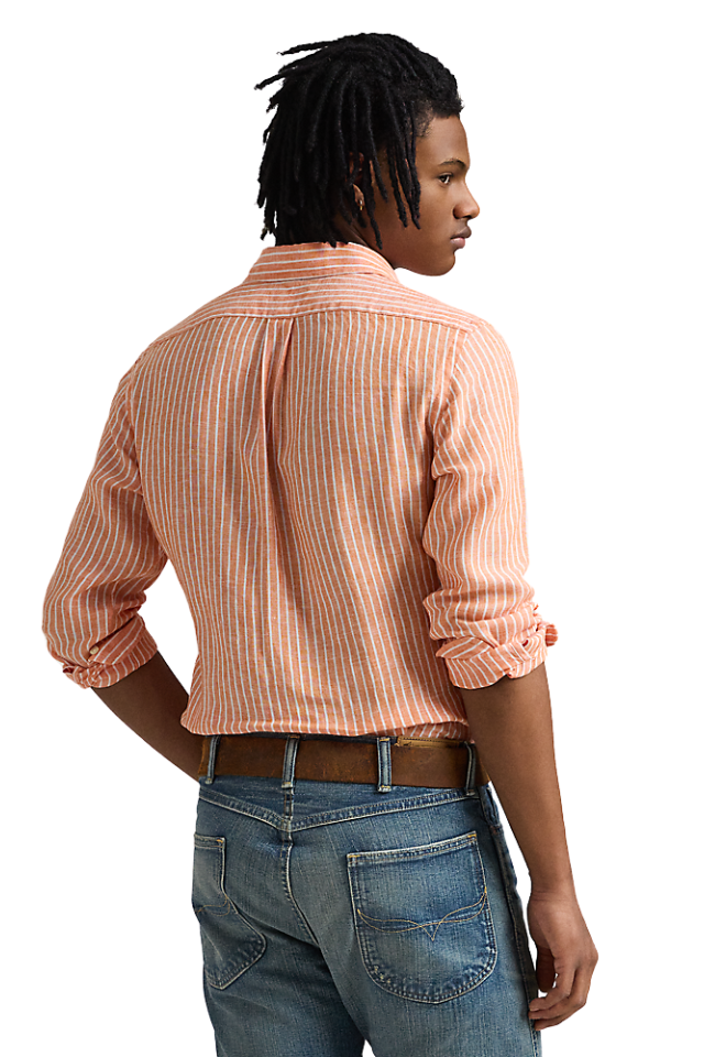 Custom Fit Striped Linen Shirt - Kona Orange White
