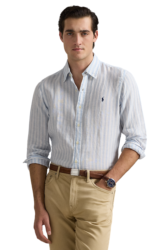 Custom Fit Striped Linen Shirt - Office Blue/White