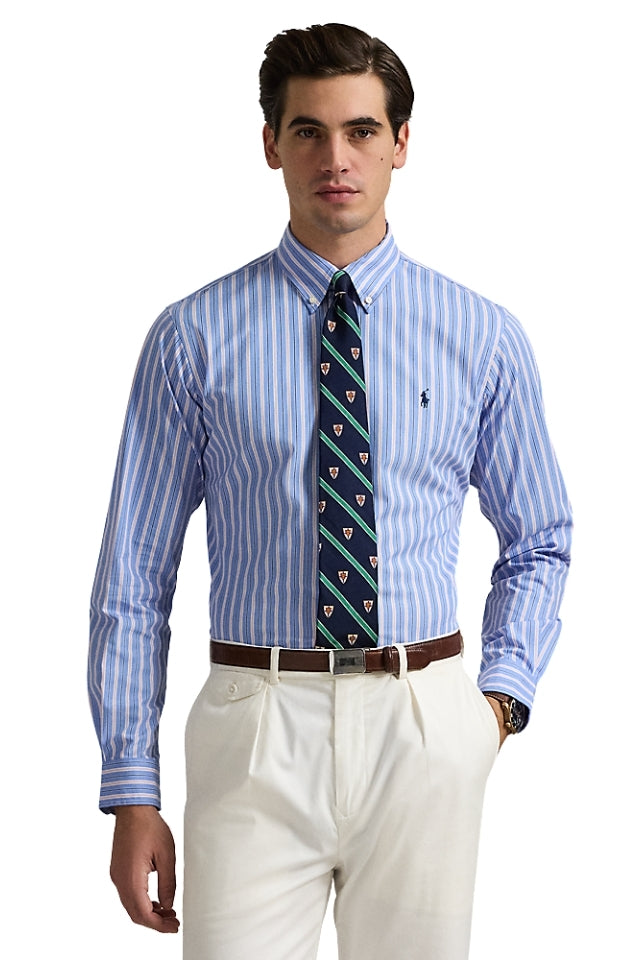 Custom Fit Striped Stretch Poplin Shirt - Blue/Pink/Multi