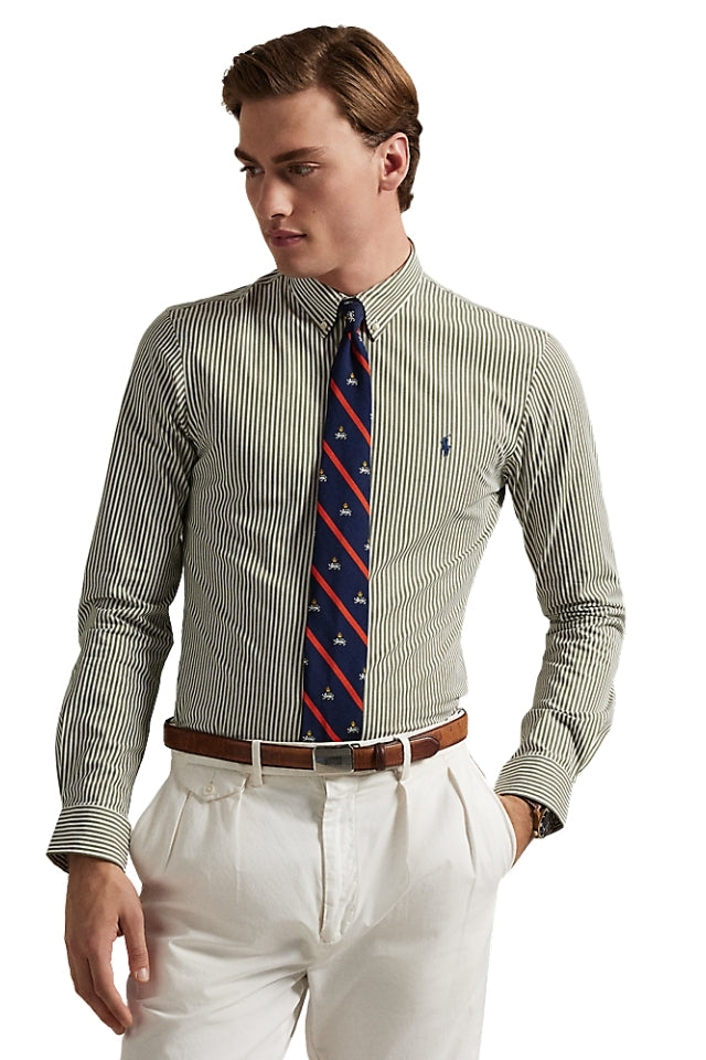 Custom Fit Striped Stretch Poplin Shirt - Garden Trail/White