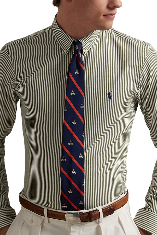 Custom Fit Striped Stretch Poplin Shirt - Garden Trail/White