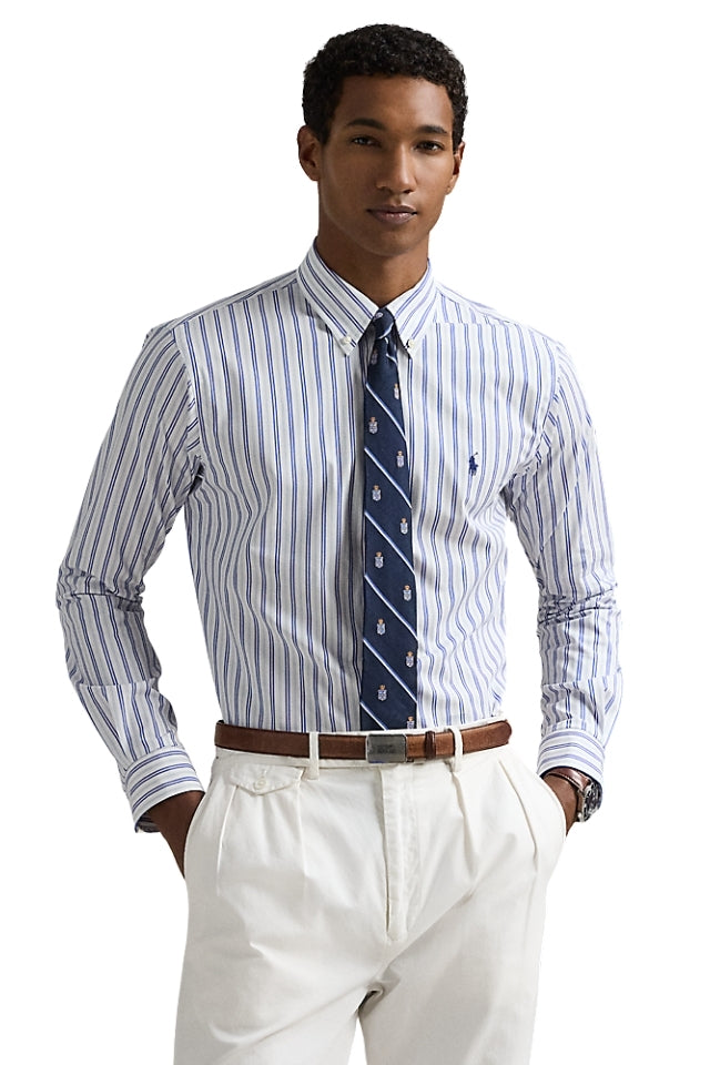Custom Fit Striped Stretch Poplin Shirt - White/Blue/Multi