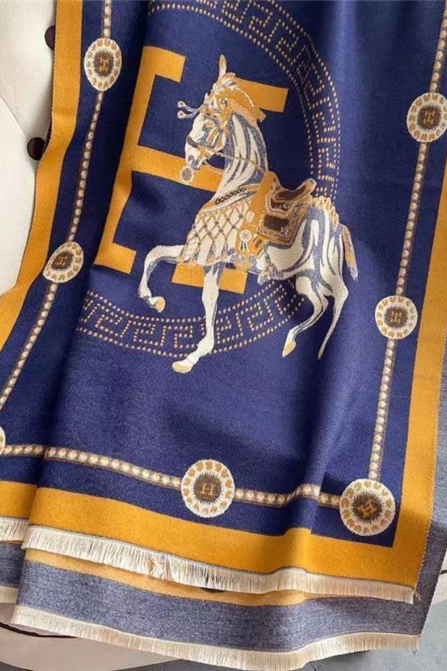Horse & H Pashmina - Navy/Mustard