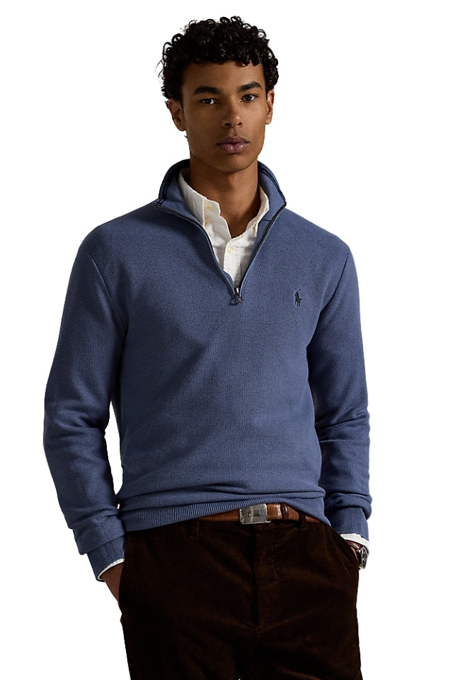 Mesh-Knit Cotton Quarter-Zip Sweater - Blue