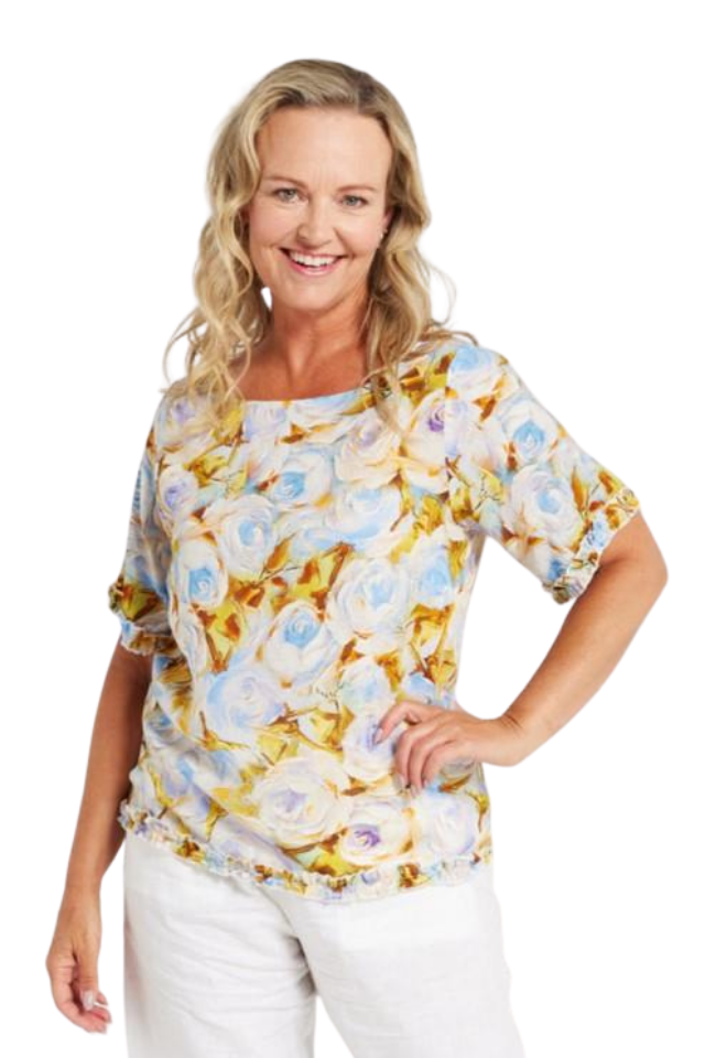 Rose Frill Trim Top - Mist Blue