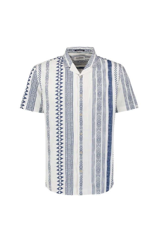 Shirt Short Sleeve Revers Collar Slub Allover Print - Indigo Blue