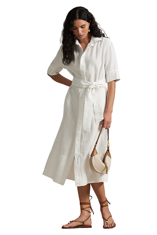 Belted Linen Shirt Dress - White