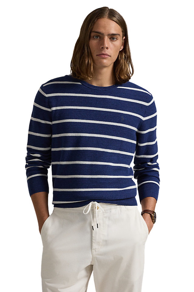 Striped Mesh-Knit Cotton Sweater - Navy Combo