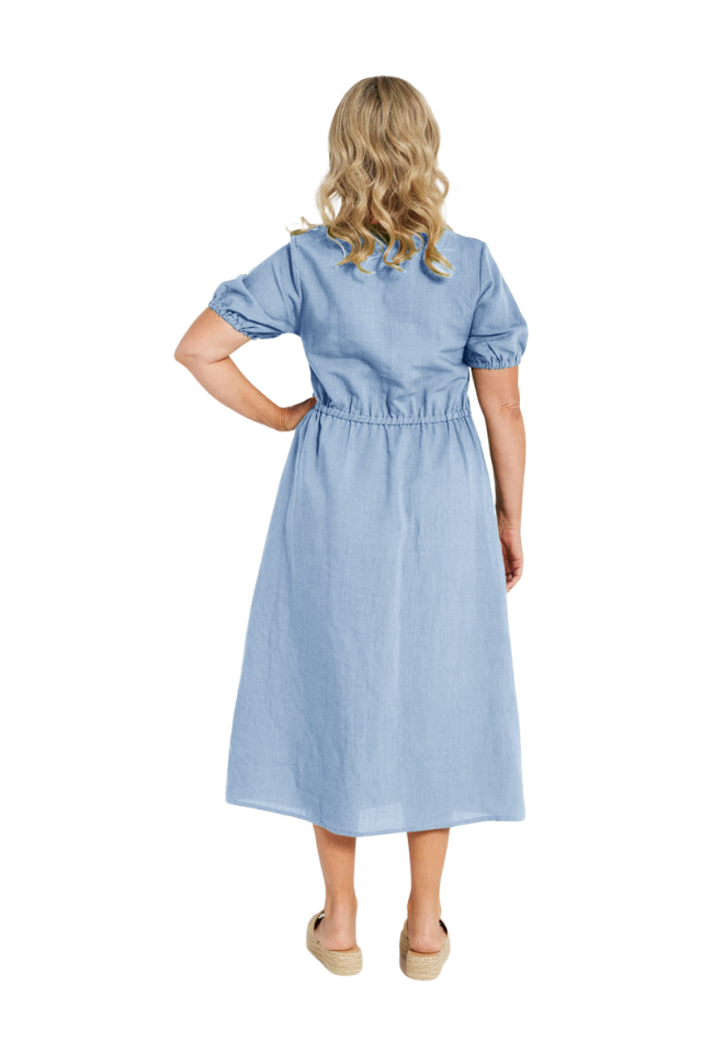 Tencel Linen Gathered Front Dress - Mist Blue