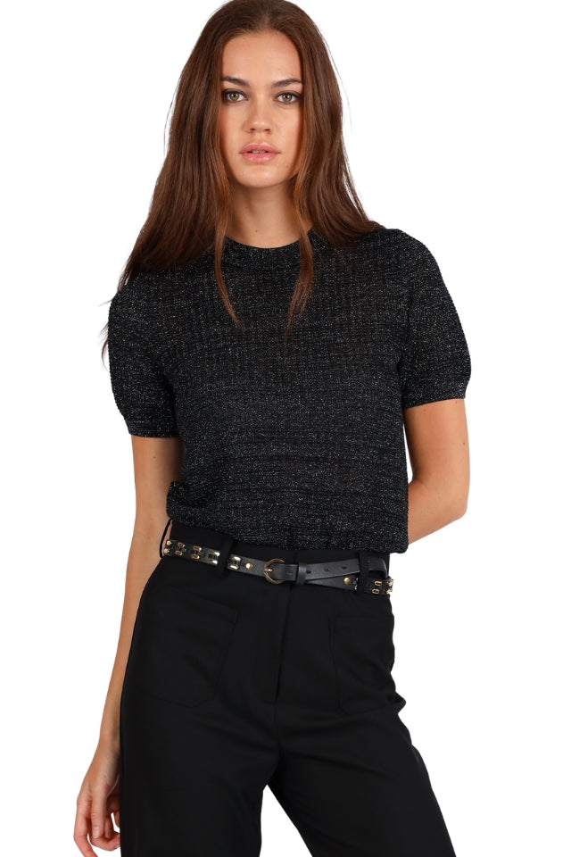 Textured Metallic Short Sleeve Sweater - Black